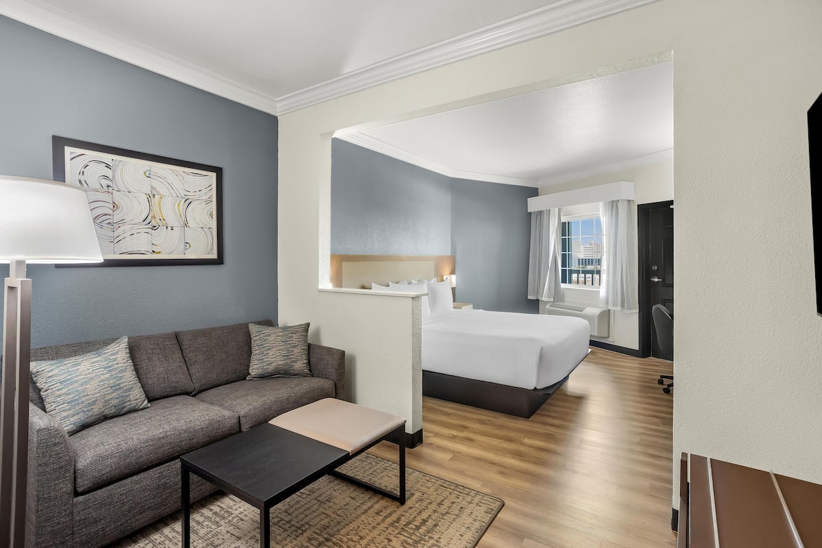 Quarto de hotel com sofá, mesa pequena, cama, mesa de cabeceira e um quadro na parede.