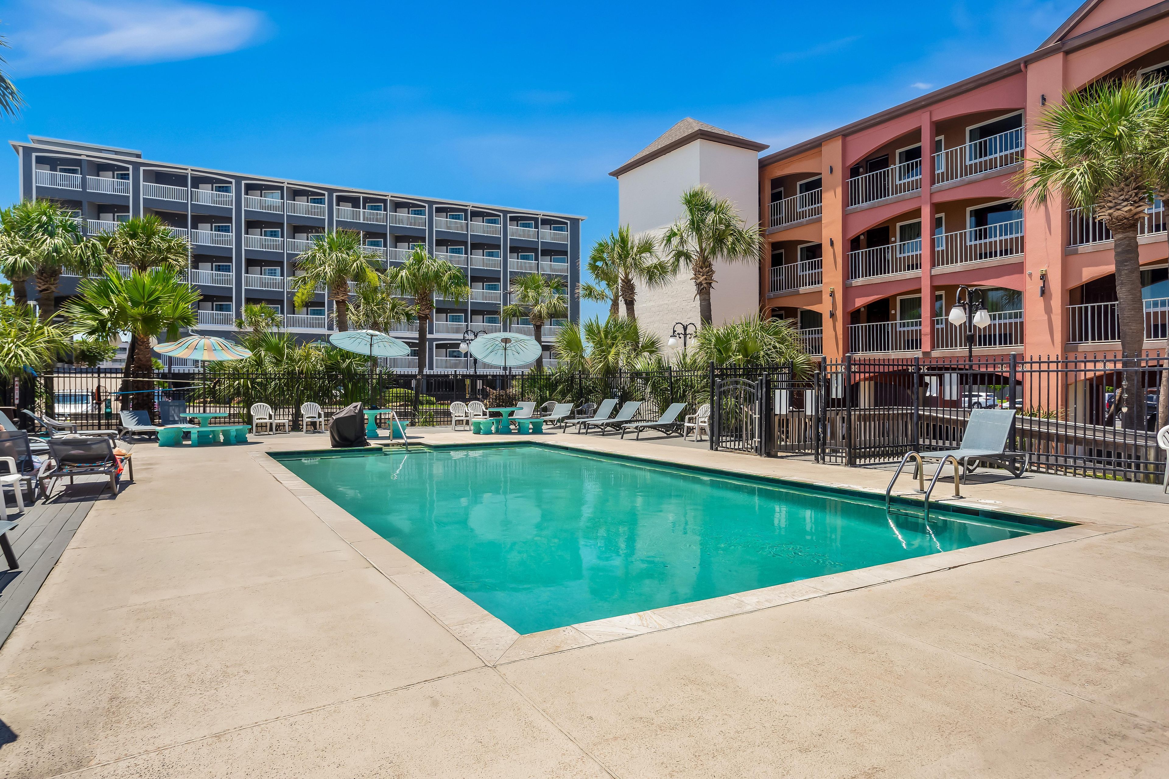 A swimming pool with lounge chairs and umbrellas, surrounded by palm trees and buildings.
