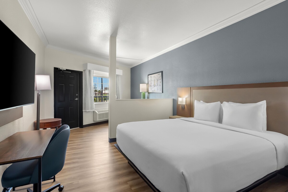A hotel room with a bed, desk, chair, and a view of the outdoors.