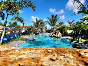 A swimming pool with lounge chairs and palm trees.
