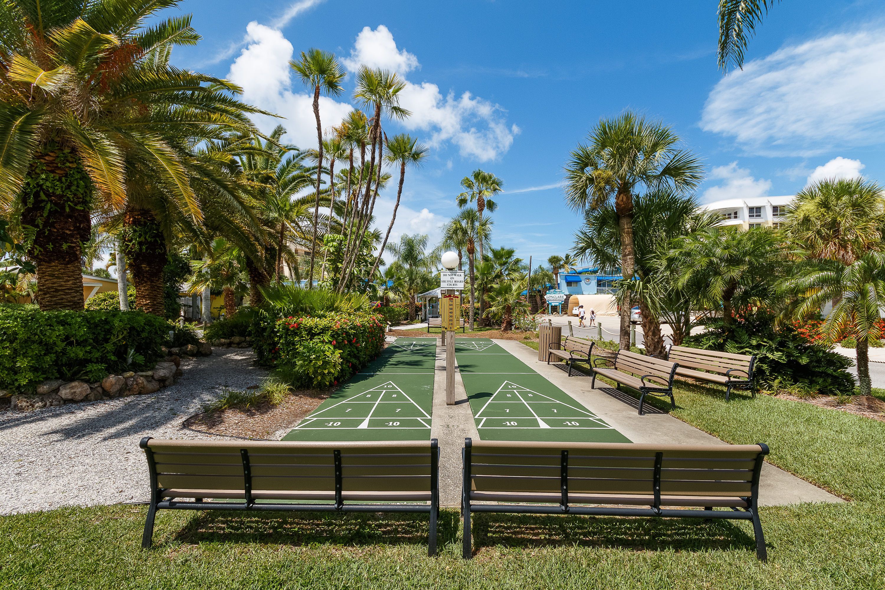 A park with a shuffleboard court, benches, palm trees, and a building in the background.
