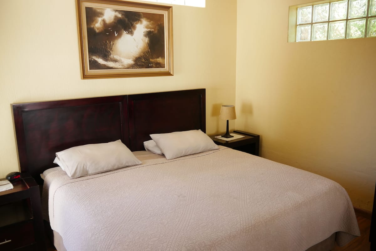 Una cama bien hecha con un cabecero, una mesita de noche con una lámpara y un cuadro enmarcado en la pared.