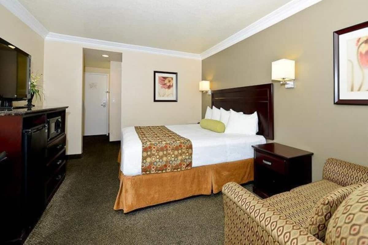 A hotel room with a bed, a desk, a chair, a television, and a door.