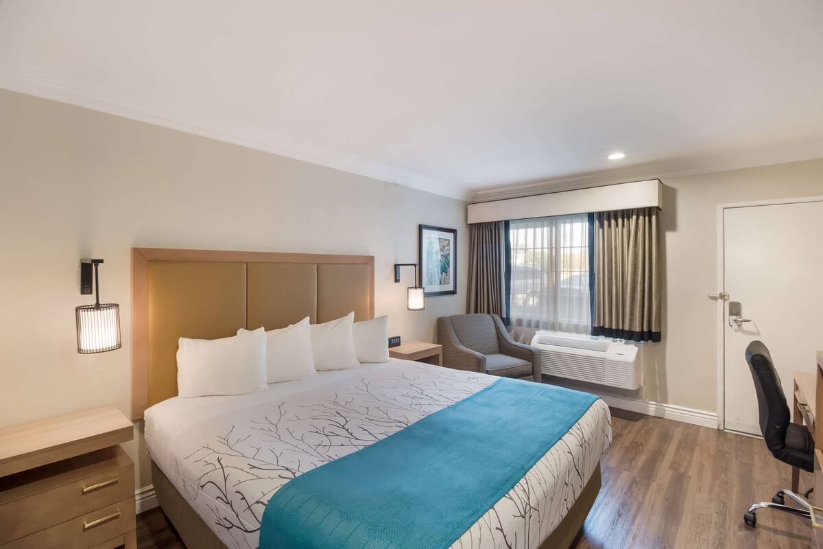 Premium bedding, desk, blackout curtains, iron/ironing board