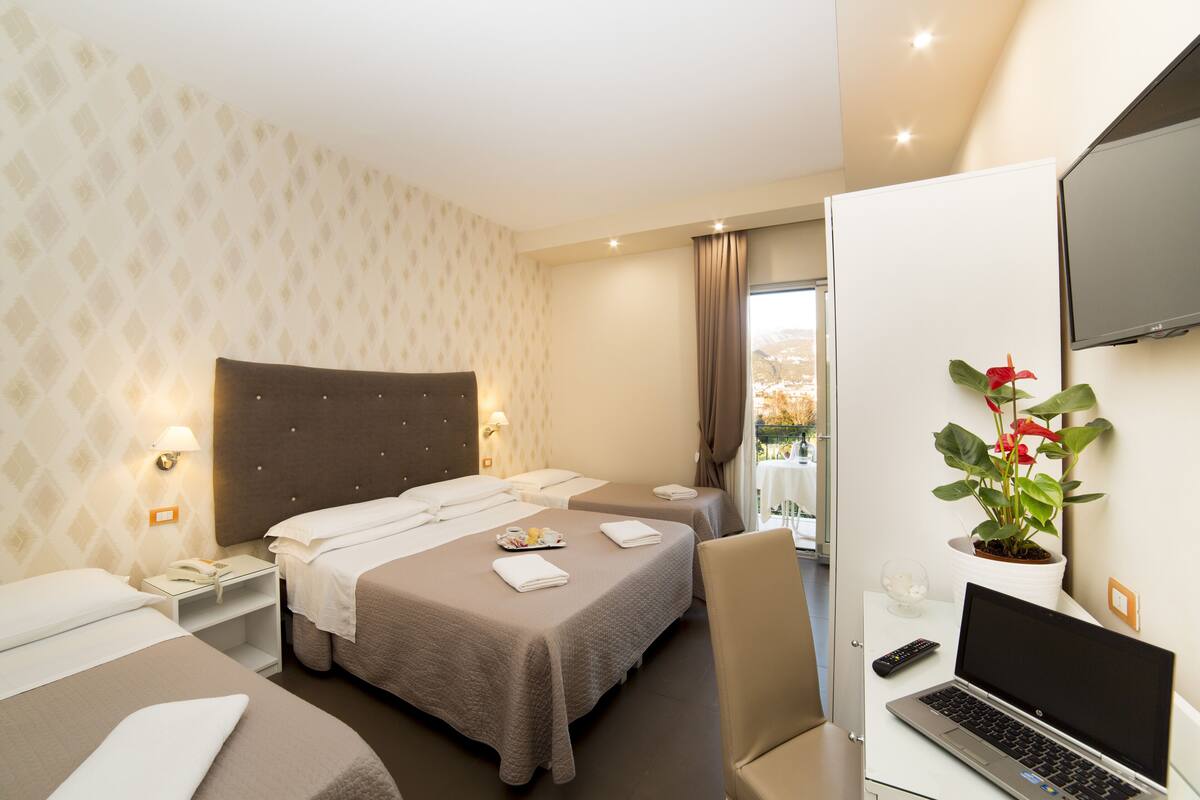 Ein Hotelzimmer mit zwei Betten, einem Schreibtisch mit einem Laptop, einem Stuhl, einem Fernseher und einer Topfpflanze.