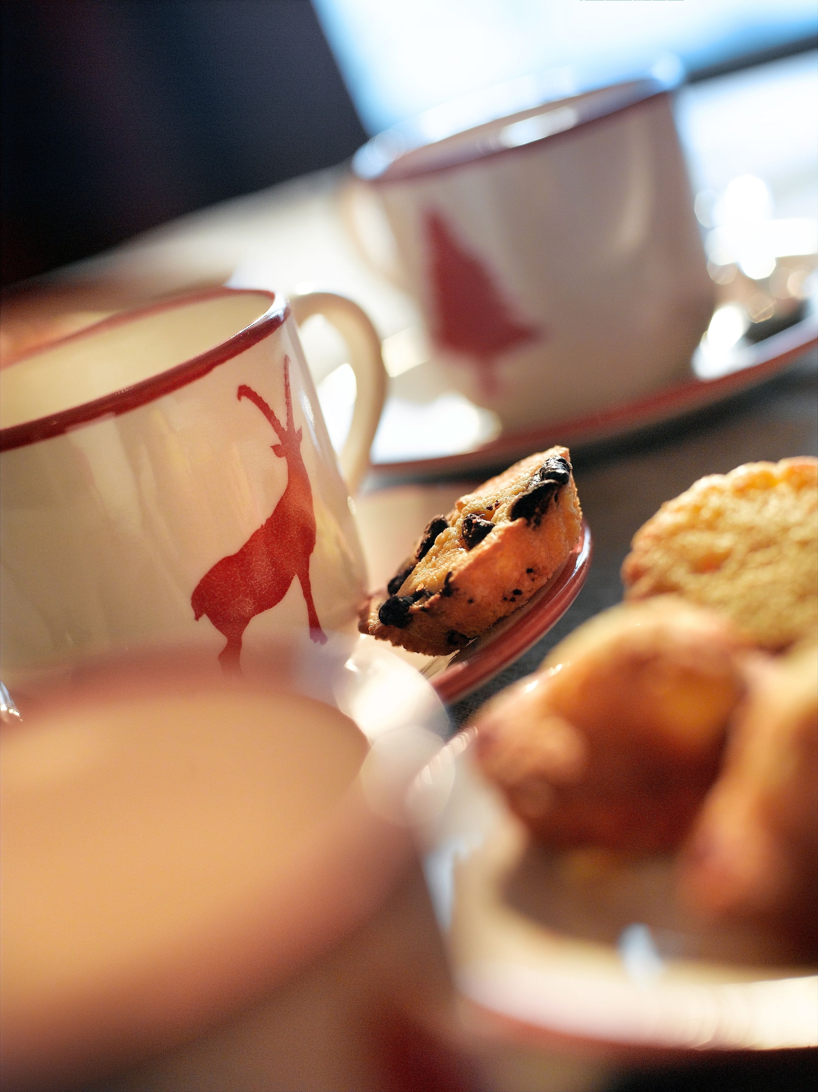 Un gros plan d’une table avec une tasse et un biscuit.