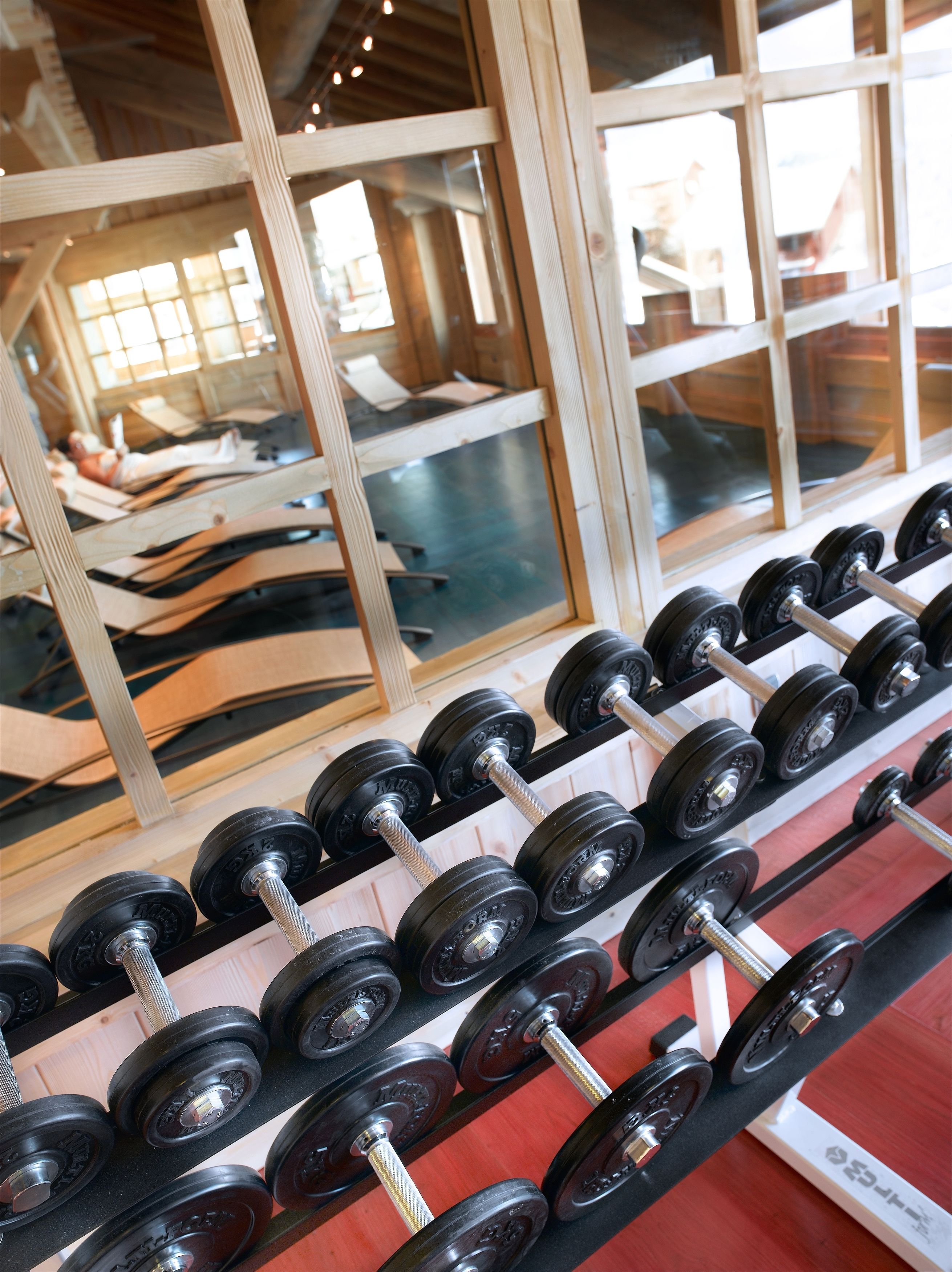 A rack of black dumbbells with silver handles, arranged on a wooden shelf.