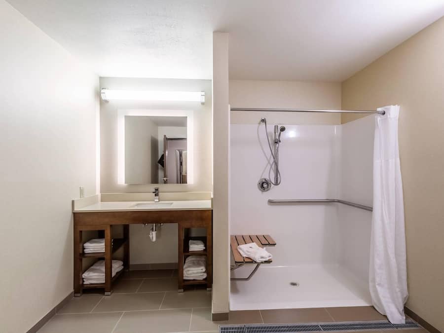 Un baño con ducha, lavabo y espejo.