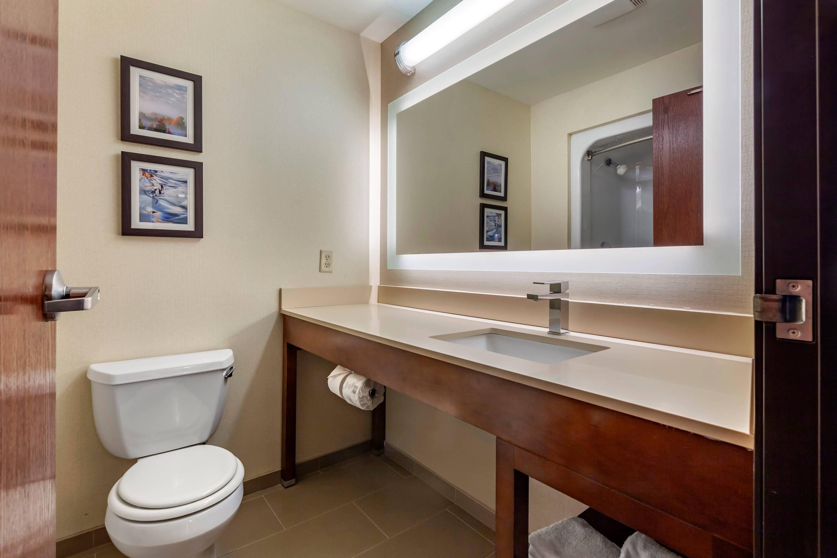 A bathroom with a toilet, sink, mirror, and two framed pictures on the wall.