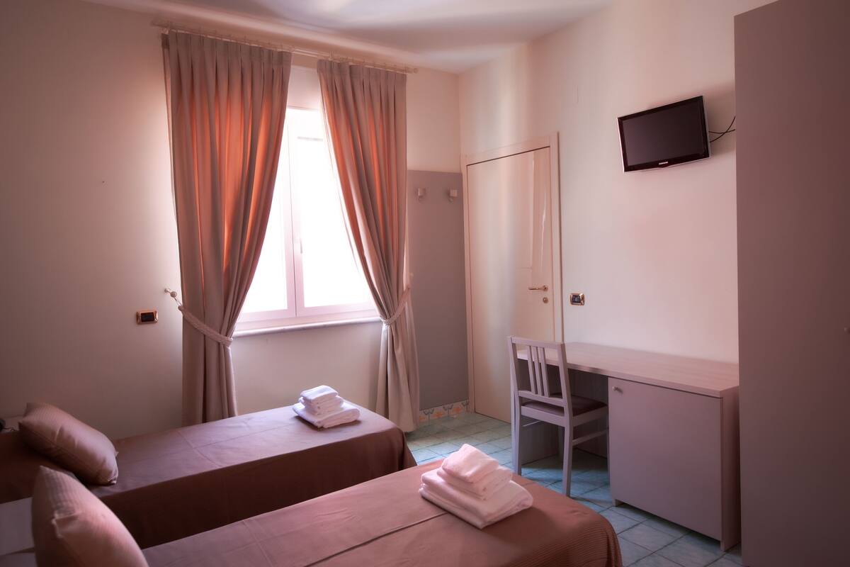 A bedroom with two beds, a desk, a TV, and a window with curtains.