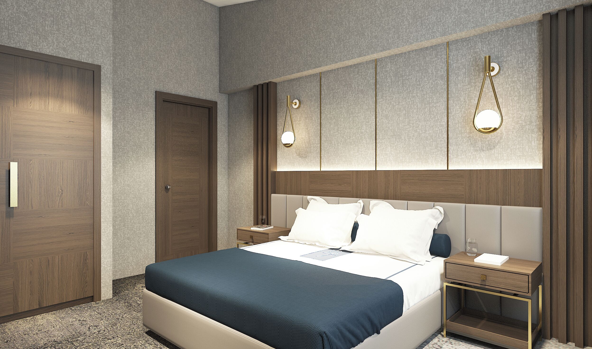 A modern hotel room with a large bed, a wooden wardrobe, a nightstand, and a wall-mounted light fixture.