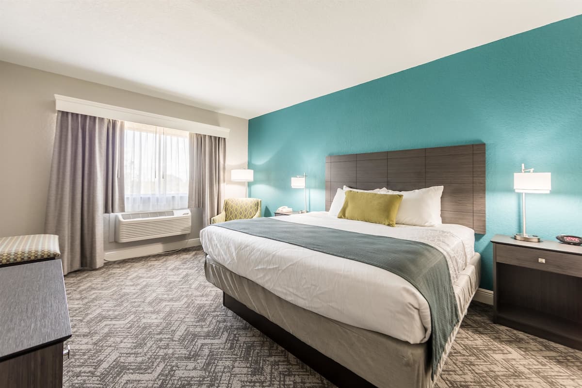 A hotel room with a large bed, a bedside table, a lamp, a chair, and a window with curtains.