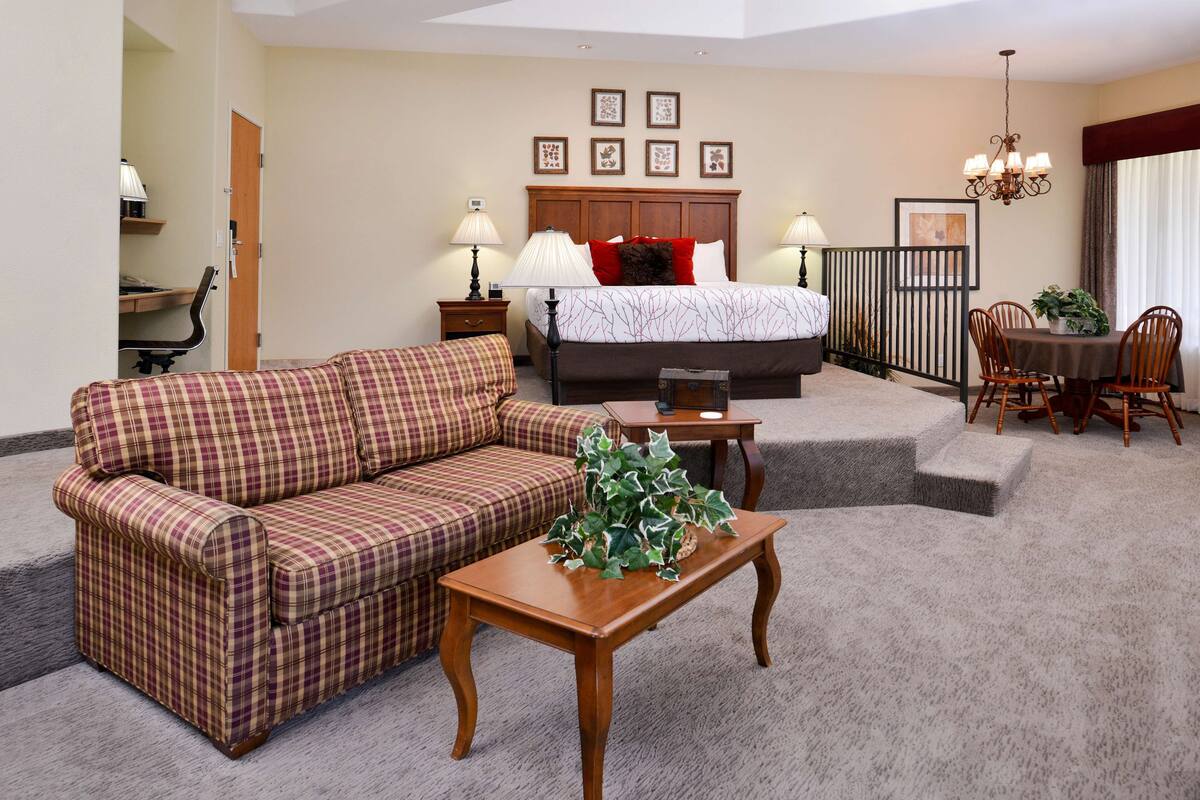 A hotel room with a bed, a sofa, a dining table, and a small table with a plant.