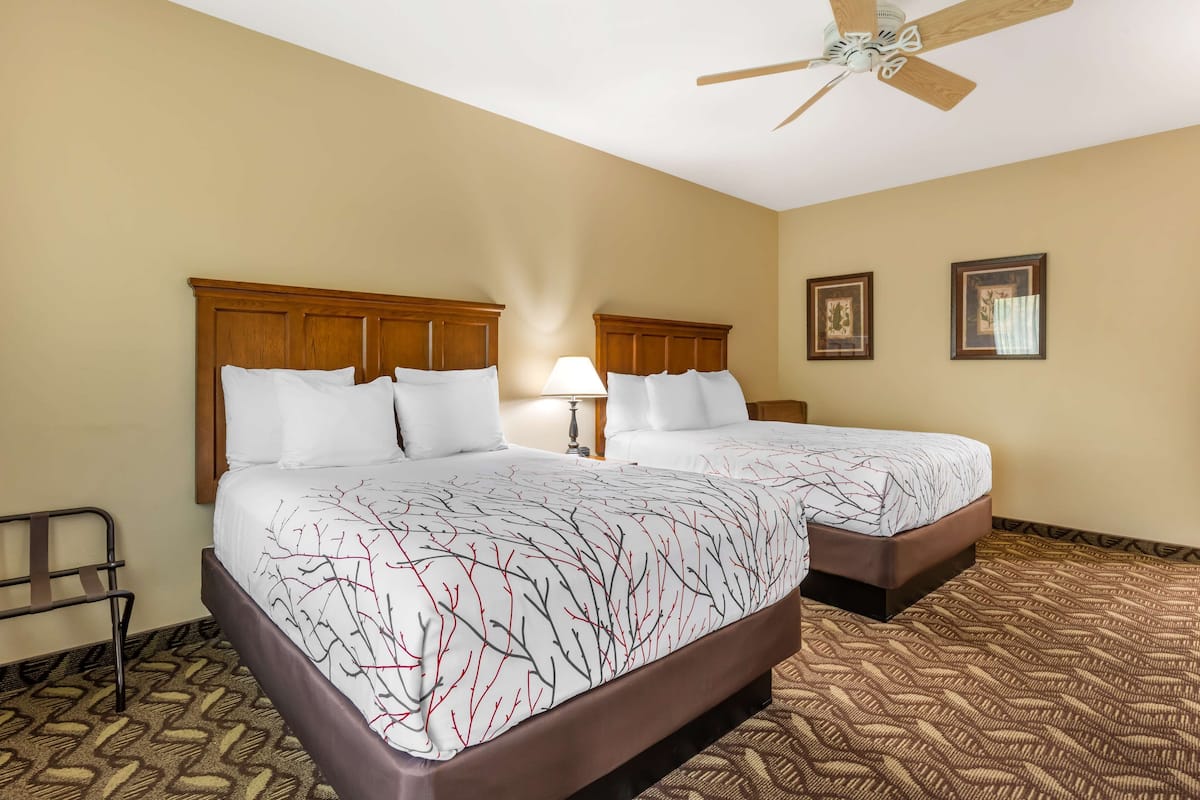 A hotel room with two beds, wooden headboards, a ceiling fan, and patterned carpet.