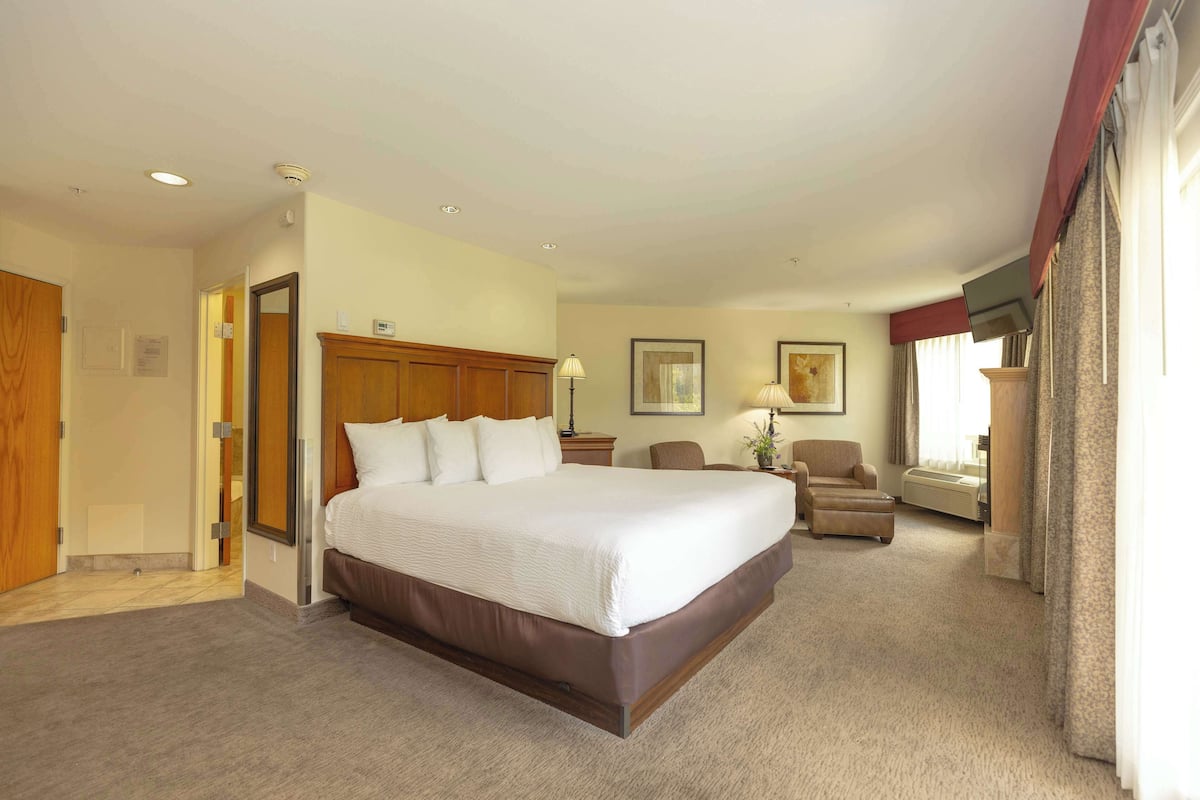 A hotel room with a large bed, a chair, a desk, and a window with curtains.