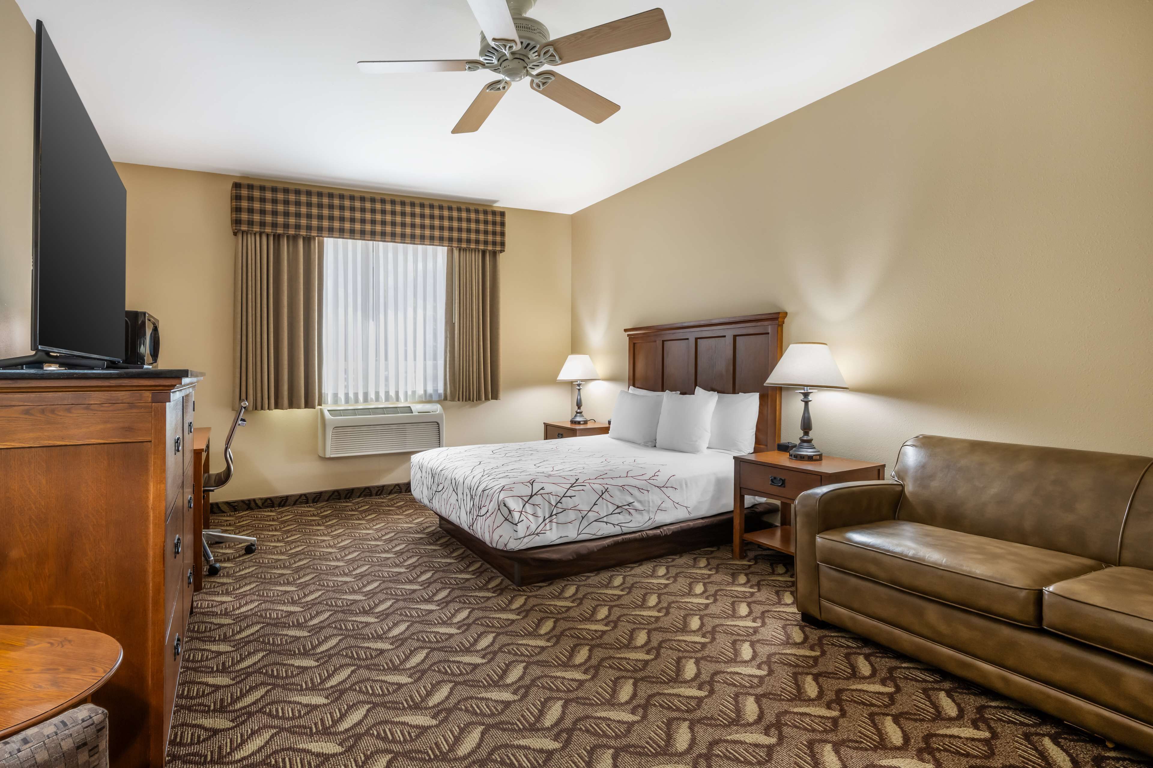 A hotel room with a bed, a desk, a television, a ceiling fan, a window with curtains, a couch, and a patterned carpet.