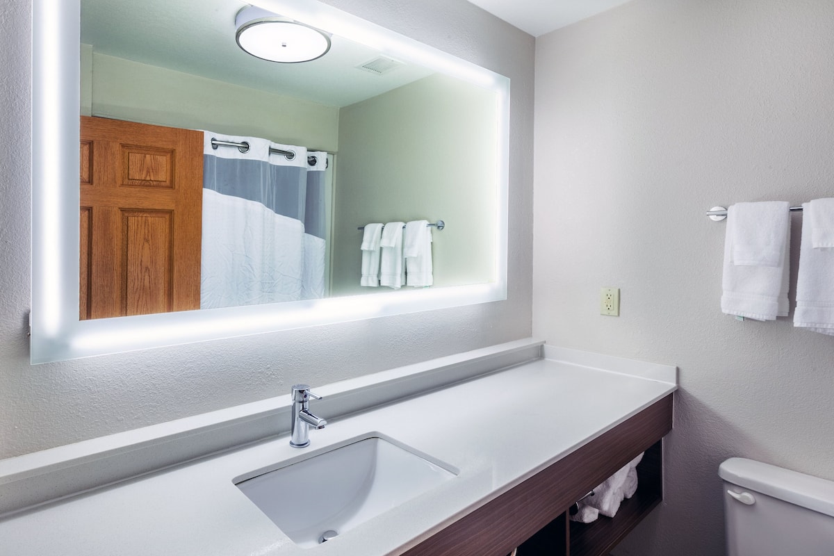 combined shower/bathtub, free toiletries, hair dryer, towels