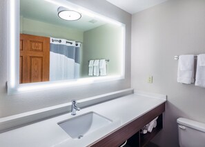 A bathroom with a large mirror, a sink, a toilet, and a shower curtain. - Holiday Inn Express Hotel & Suites Jenks by IHG (Jenks)