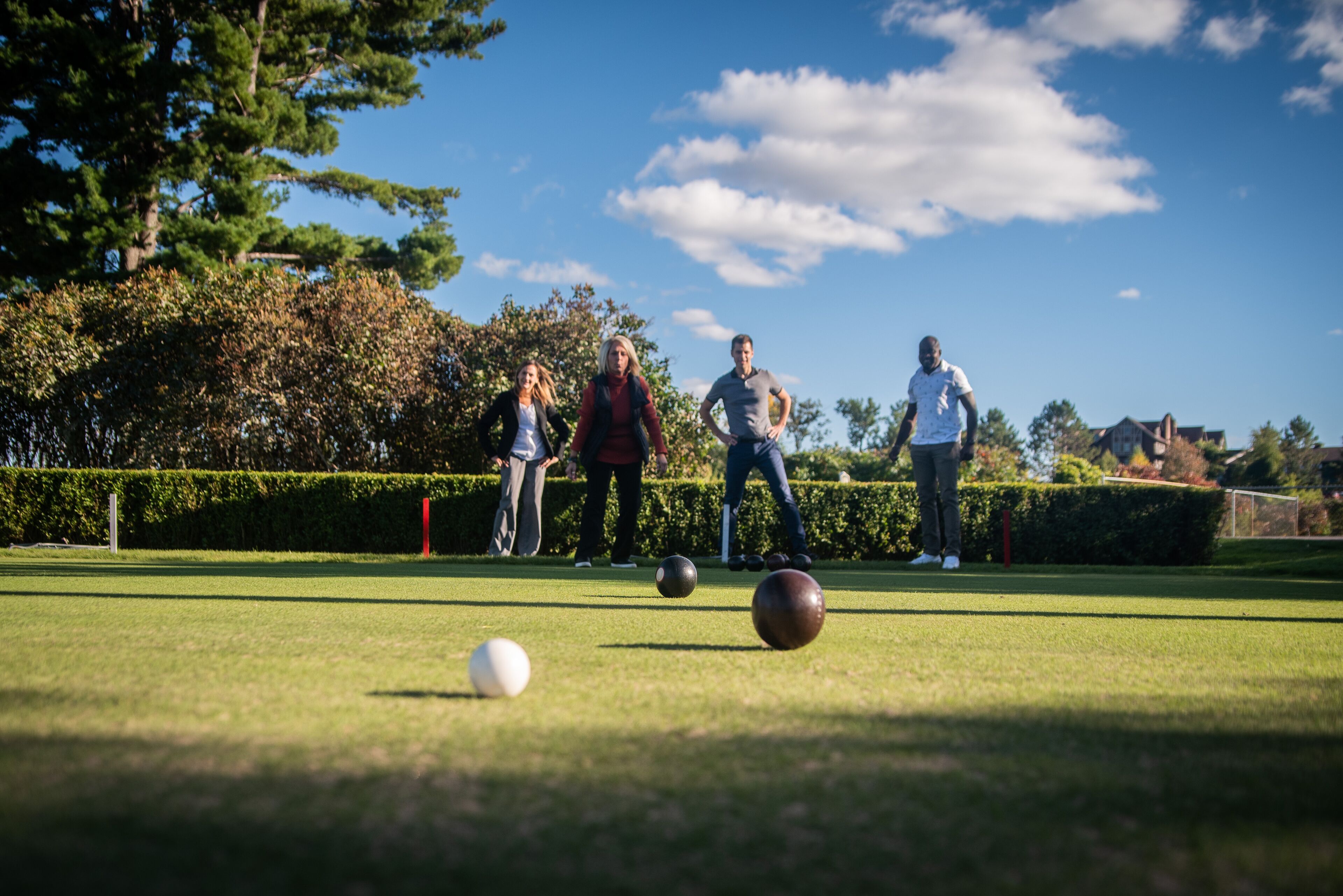 A croquet game in progress on a well-maintained lawn with a clear sky.