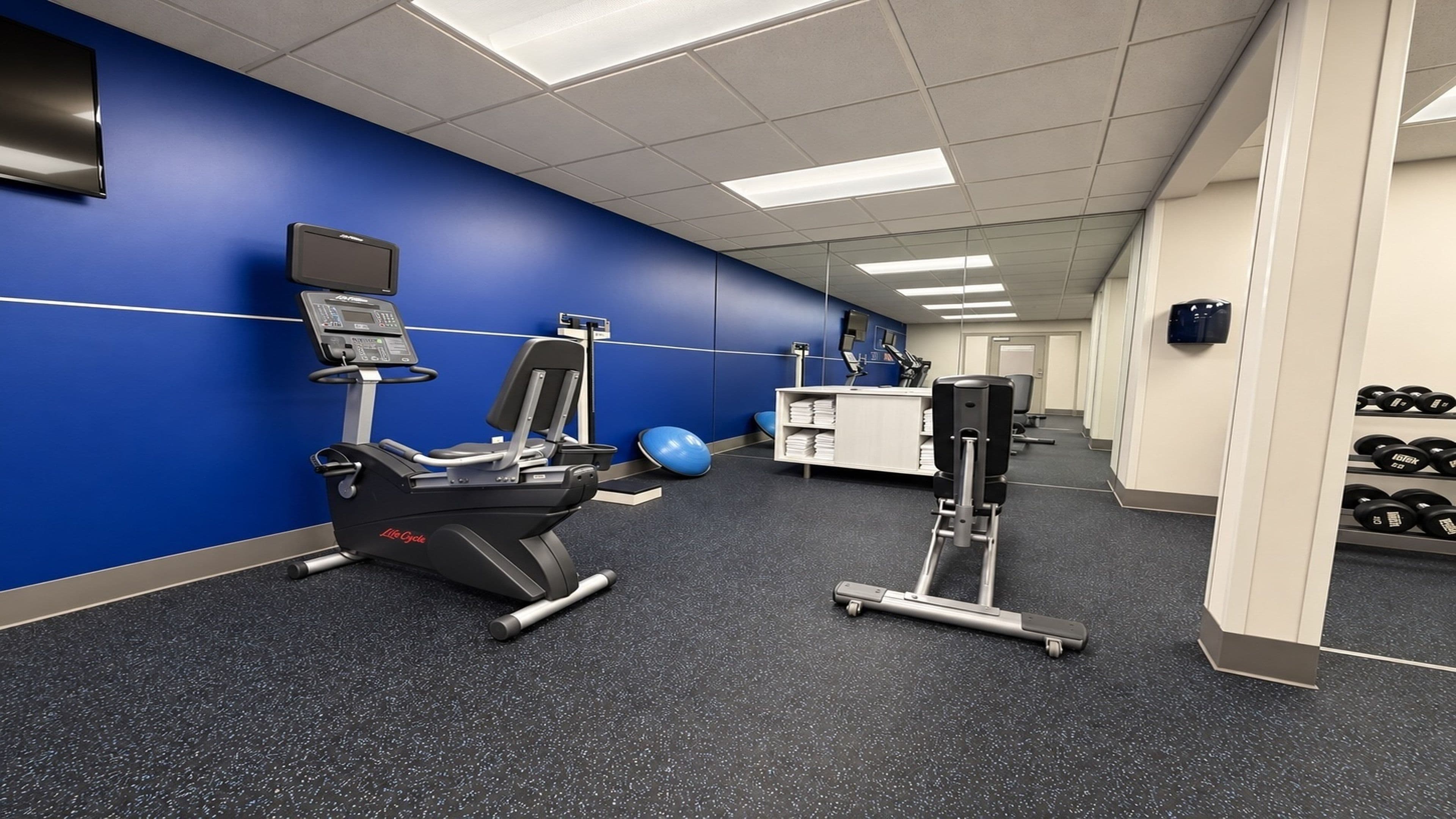 A gym with exercise equipment, a blue wall, and a weight rack.