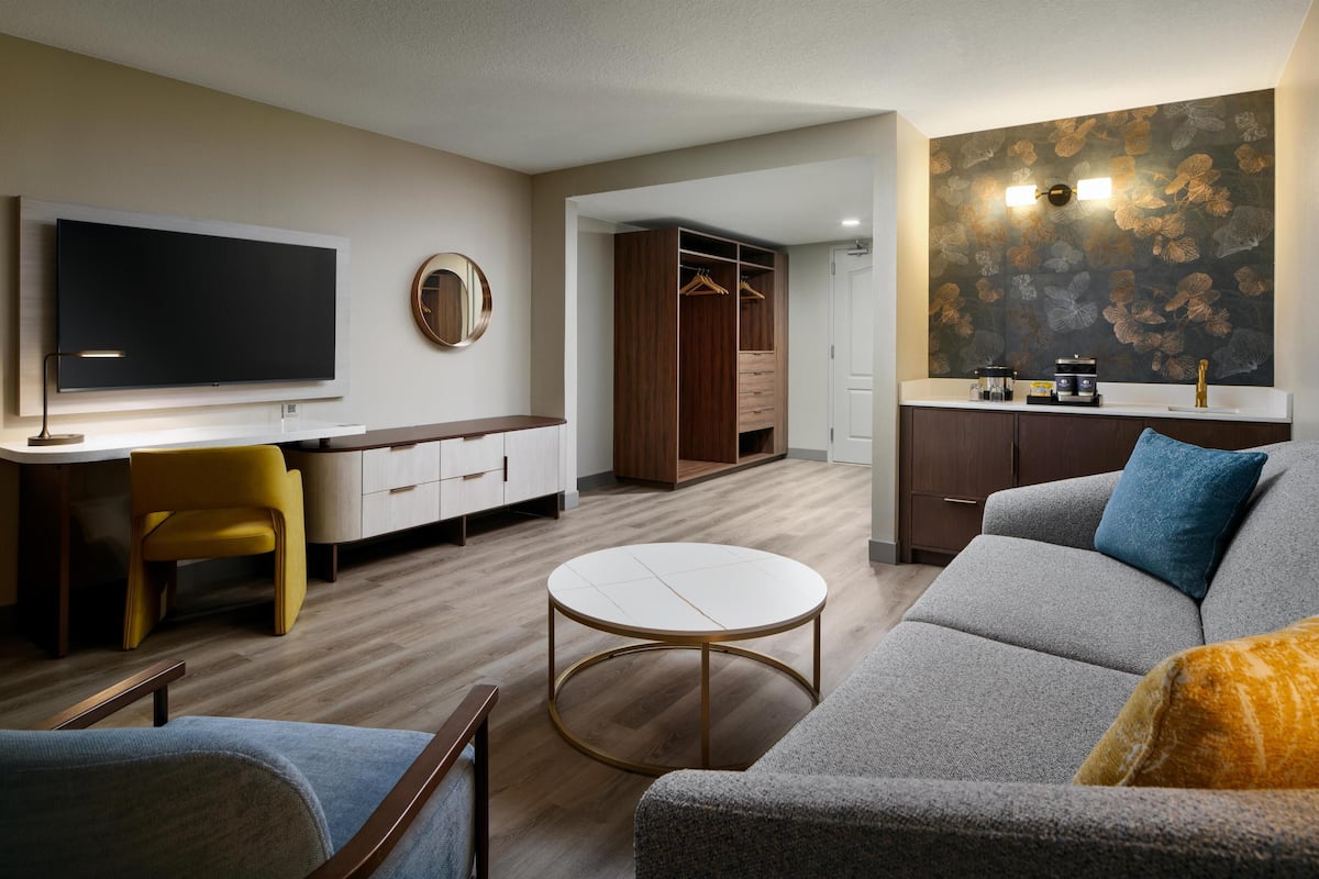 Suite, 1 King Bed with Sofa bed | Living area | 27-inch flat-screen TV with cable channels, TV