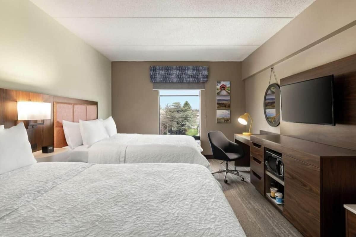 Ein Hotelzimmer mit zwei Betten, einem Schreibtisch, einem Stuhl, einem Fernseher und einem Fenster mit Blick auf Bäume.