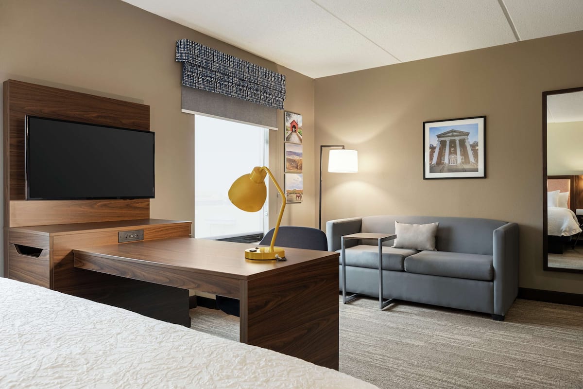 Ein Hotelzimmer mit einem Bett, einem Schreibtisch mit Lampe, einem grauen Sofa, einem Fernseher und einem gerahmten Bild an der Wand.