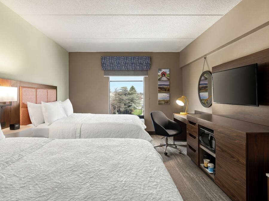 Habitación de hotel con dos camas, un escritorio, una silla, un televisor y ventana con vista a árboles.