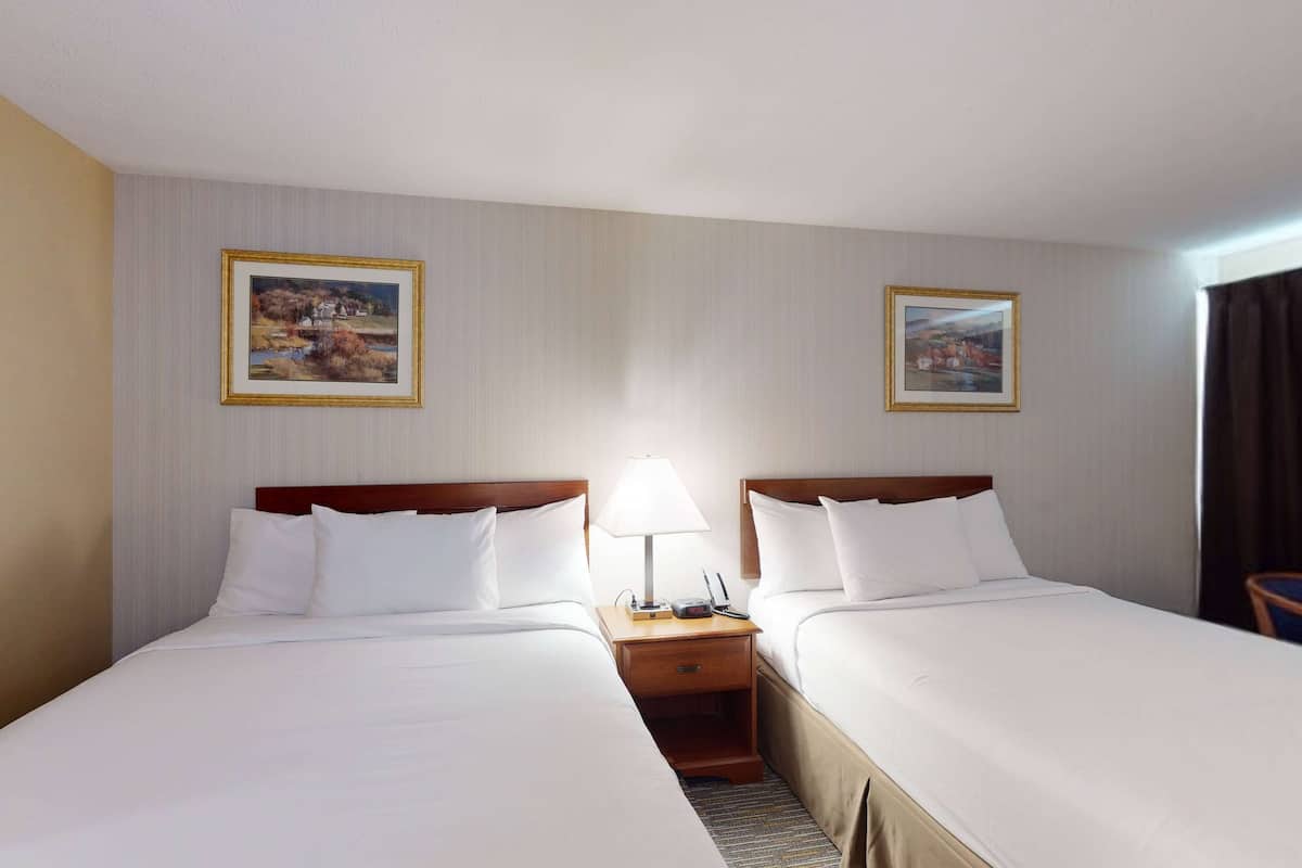 A hotel room with two beds, a nightstand with a lamp, and two framed pictures on the wall.