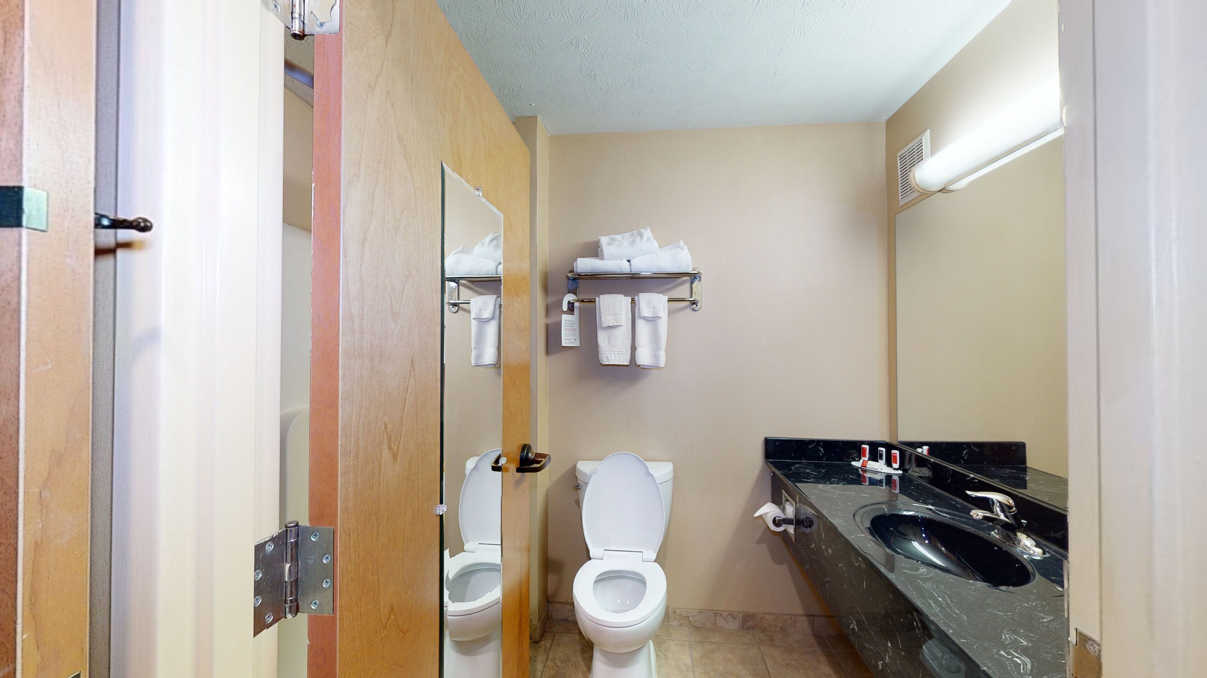 Baño con inodoro, lavamanos y espejo.