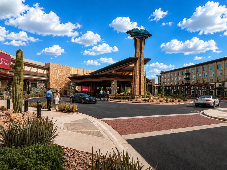 A hotel entrance with a prominent tower, a parking area, and a desert garden with cacti.