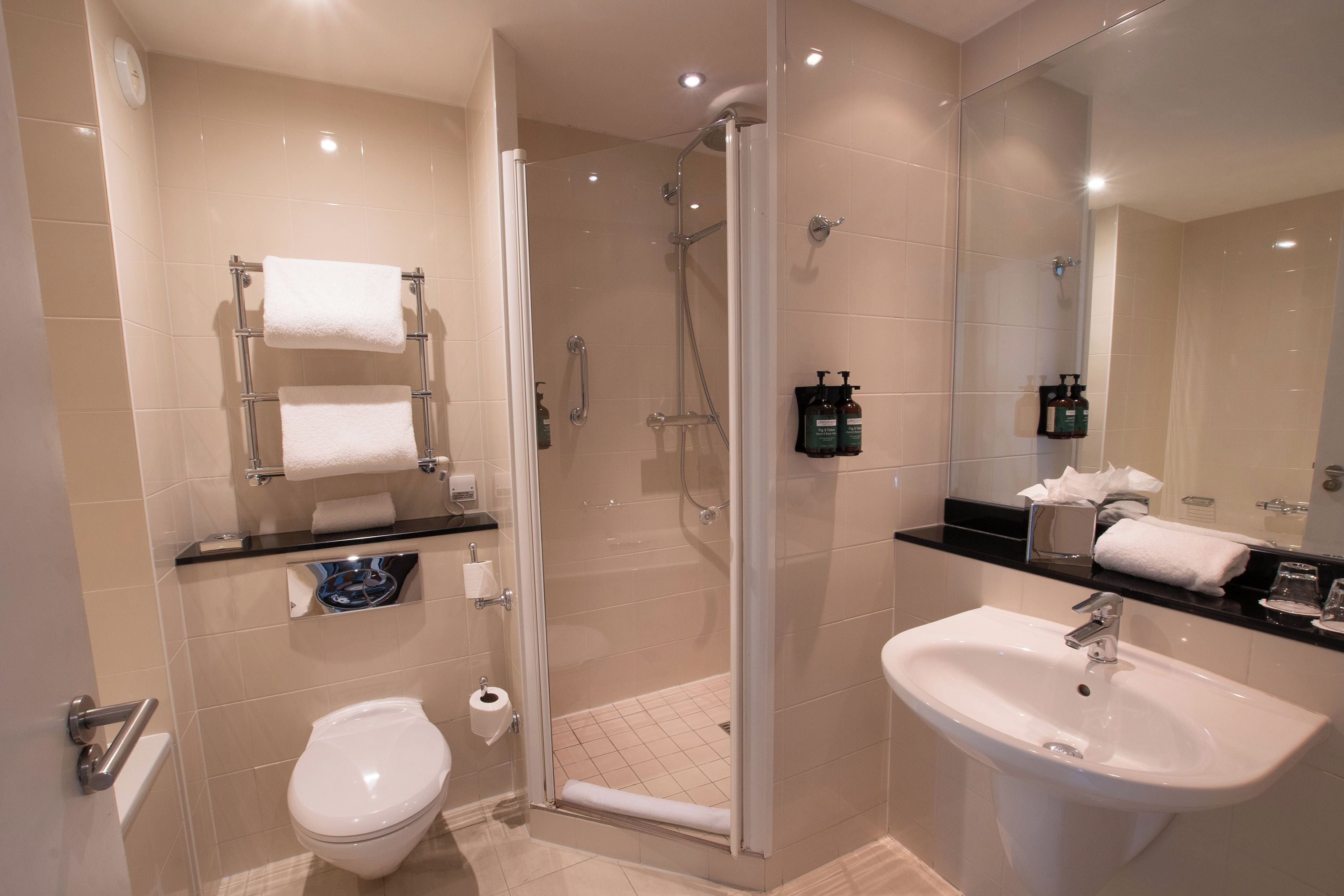 A modern bathroom with a walk-in shower, a toilet, and a sink.