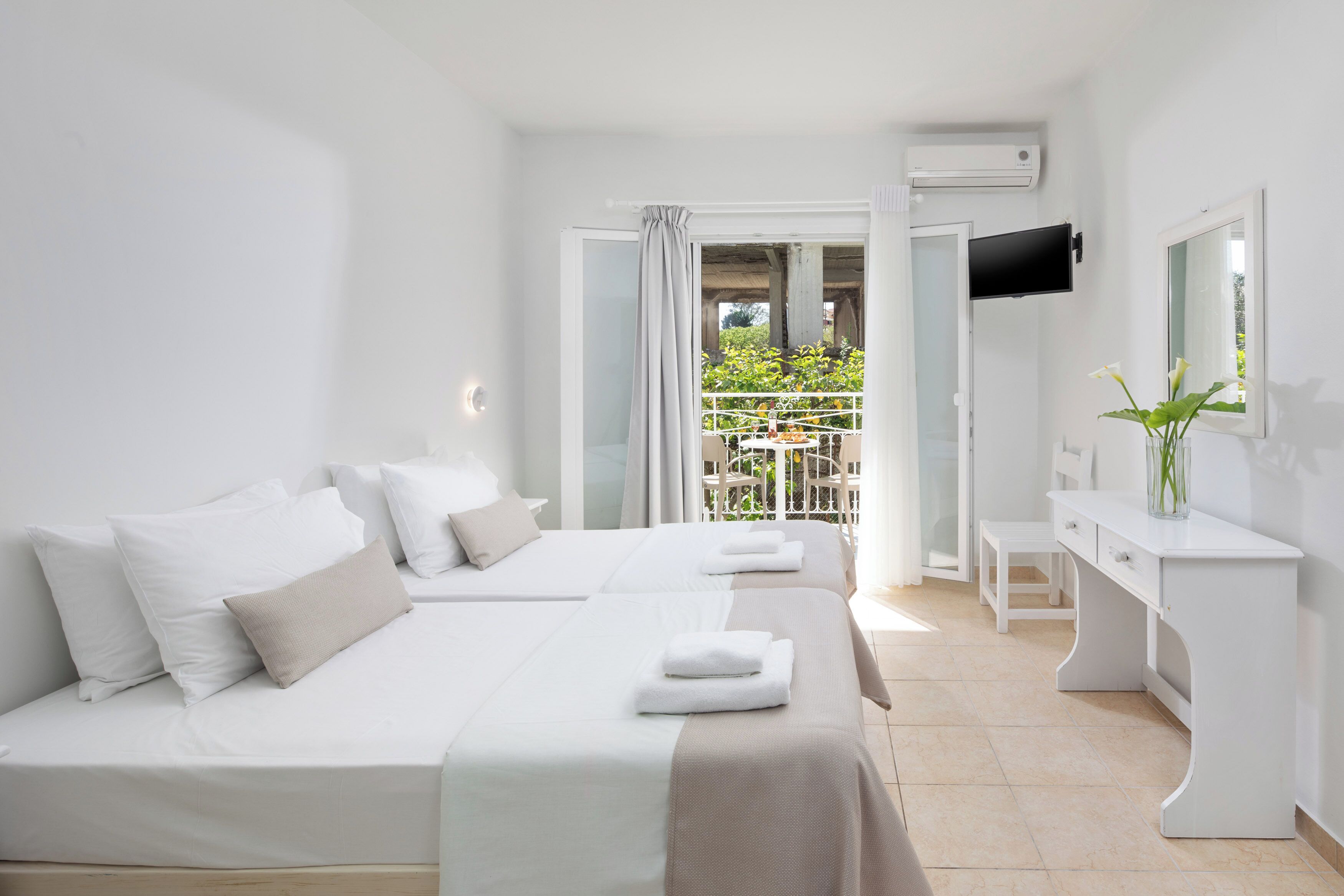 A hotel room with two beds, a desk, a TV, and a balcony with plants.