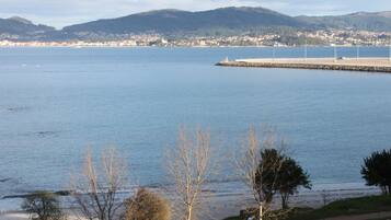 Vista costera con un muelle que se adentra en aguas tranquilas, una playa de arena y un pueblo lejano.