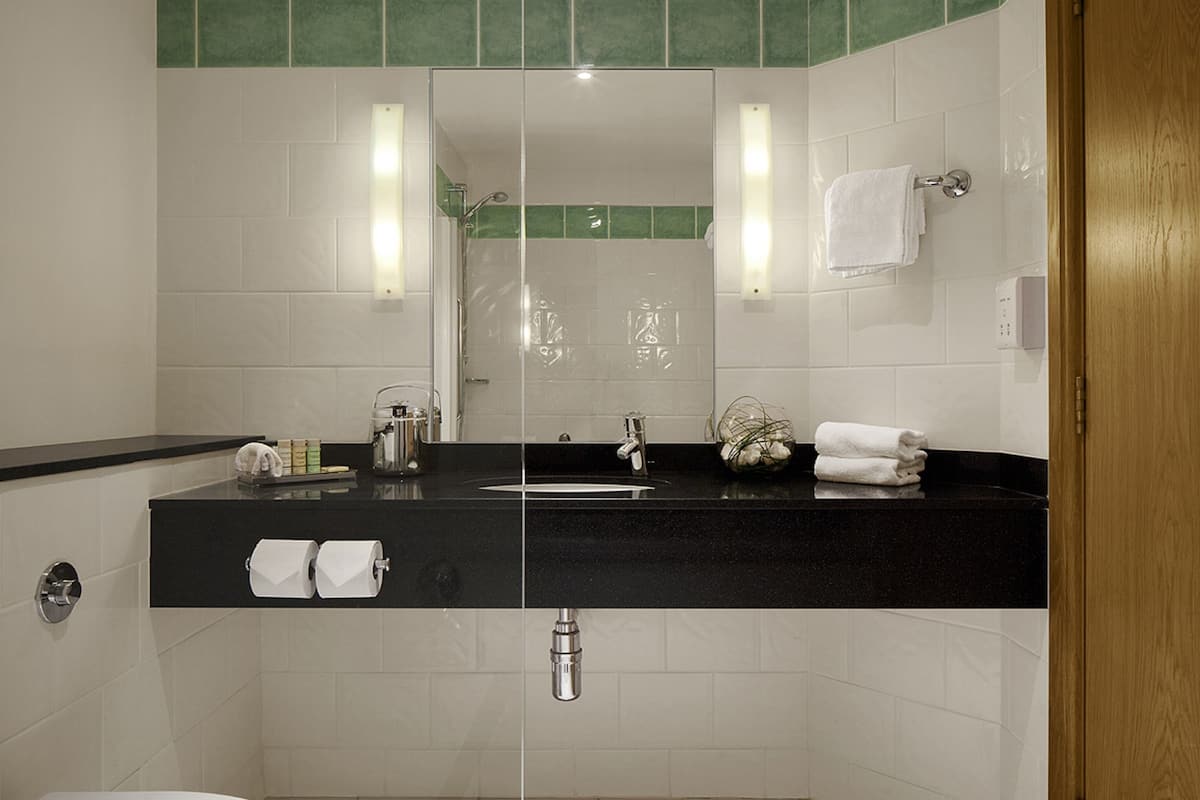 combined shower/bathtub, designer toiletries, hair dryer, towels