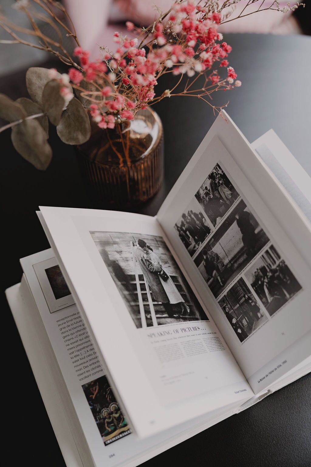 Un libro abierto con fotografías y texto, sobre una superficie oscura, con un jarrón decorativo con flores rosas y hojas verdes al fondo.