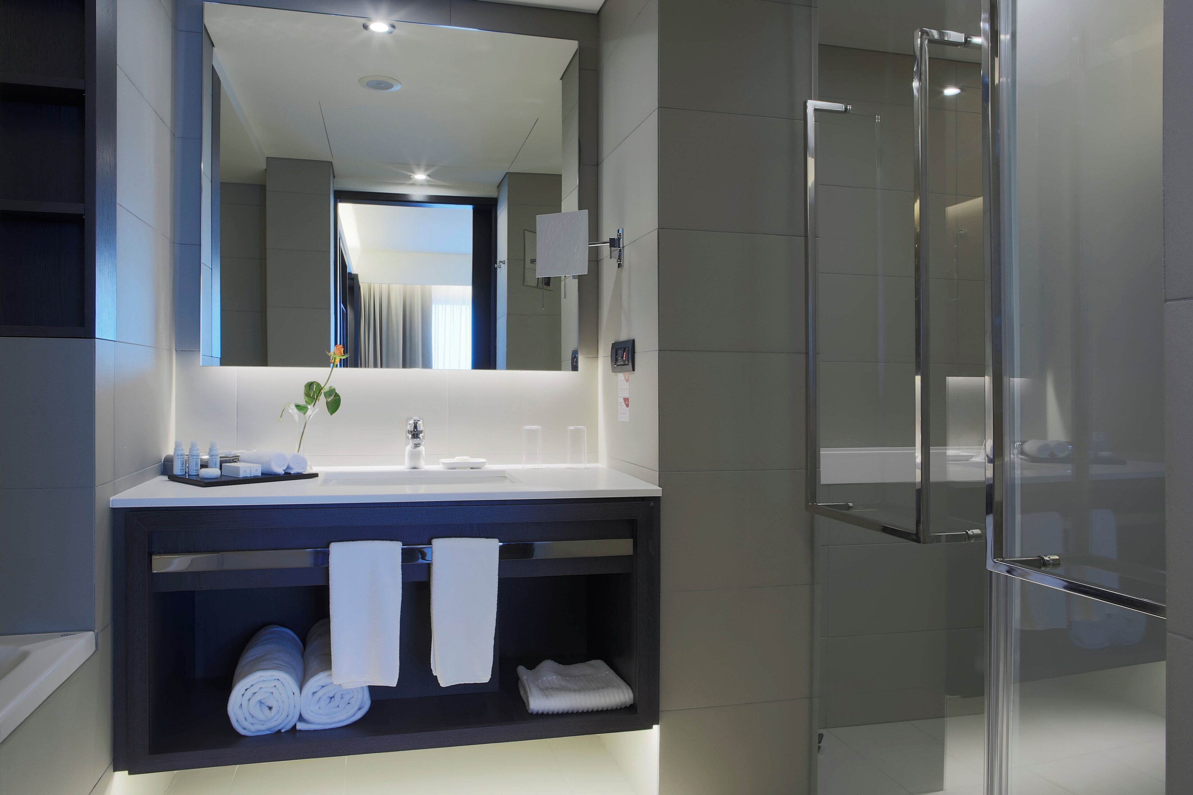 A modern bathroom with a glass shower enclosure, a dark vanity with a mirror, and a white sink.