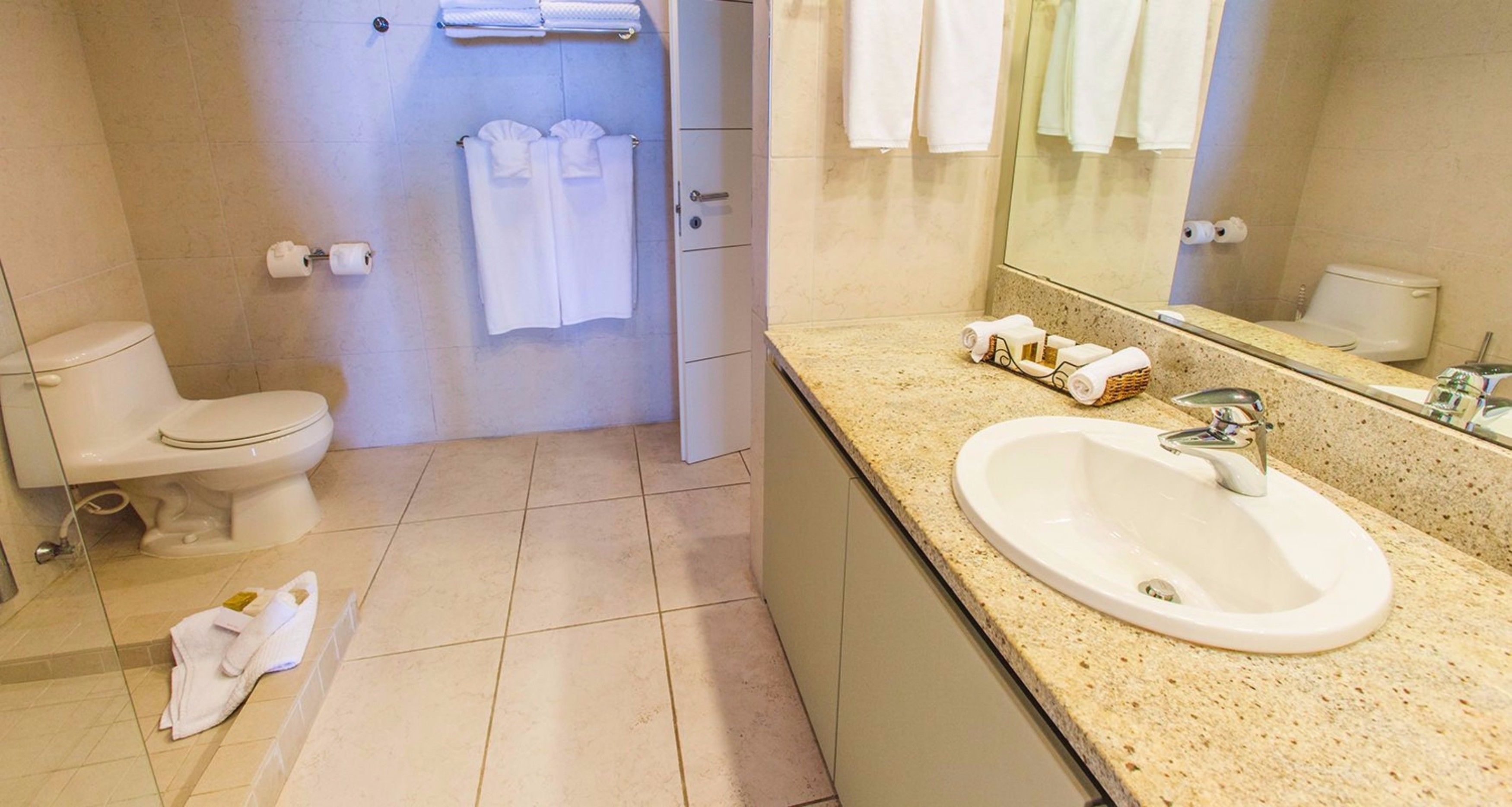 separate bathtub and shower, designer toiletries, hair dryer, bathrobes