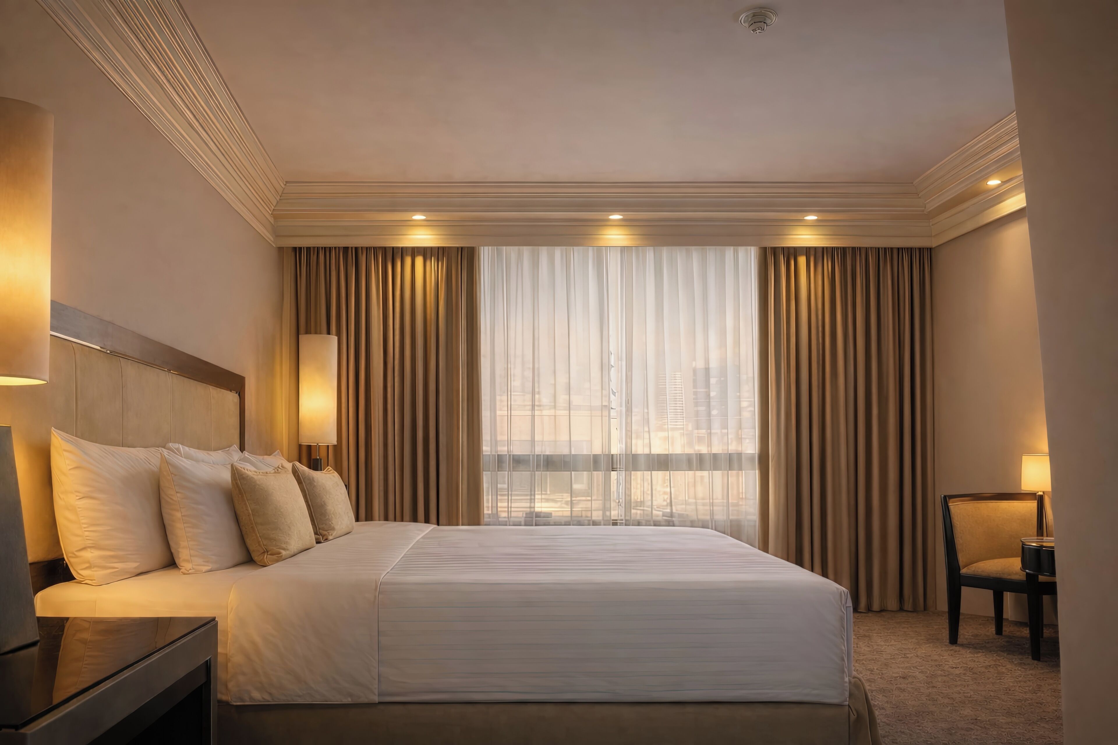A hotel room with a large bed, two bedside lamps, a chair, and a view of the city through sheer curtains.