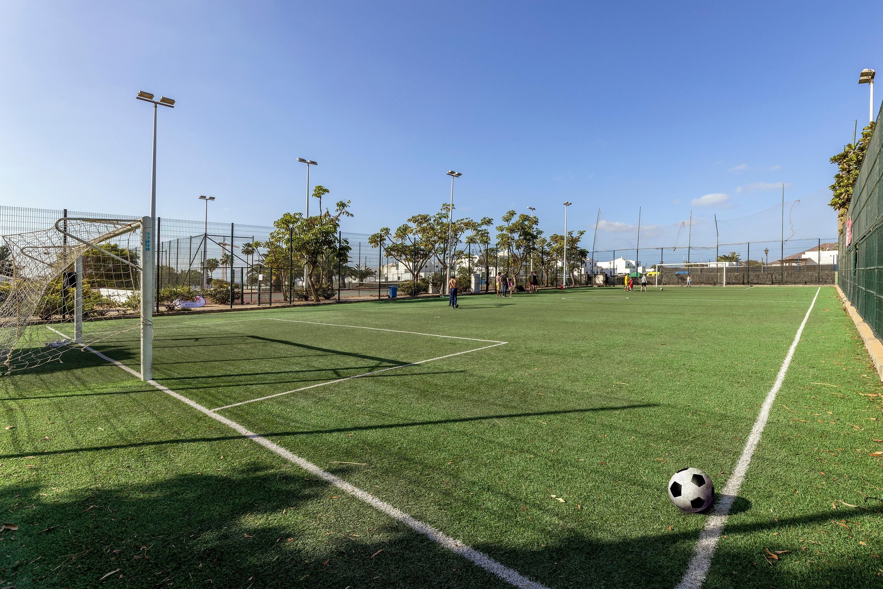 Ein Fußballfeld mit Kunstrasen, Toren und Flutlicht.