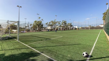 Ein Fußballfeld mit Kunstrasen, Toren und Flutlicht.