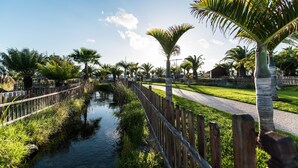 A pathway lined with palm trees and a wooden fence alongside a calm water channel. - THB Tropical Island Aparthotel (Yaiza)