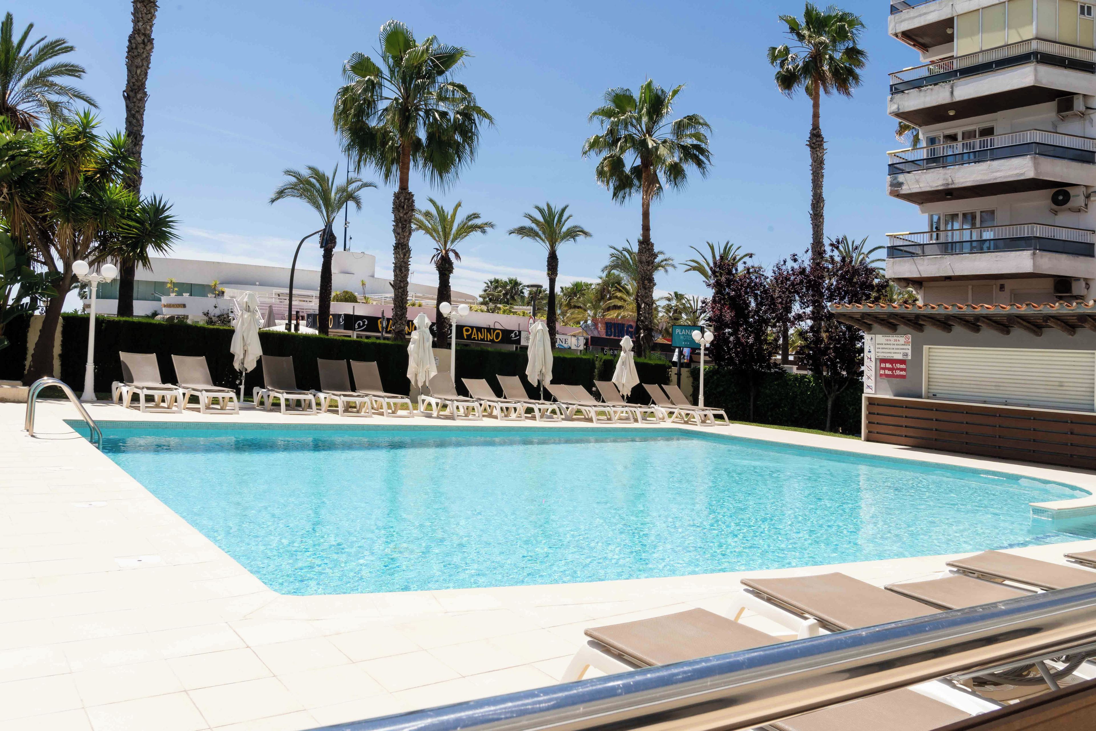 A swimming pool with lounge chairs and palm trees.