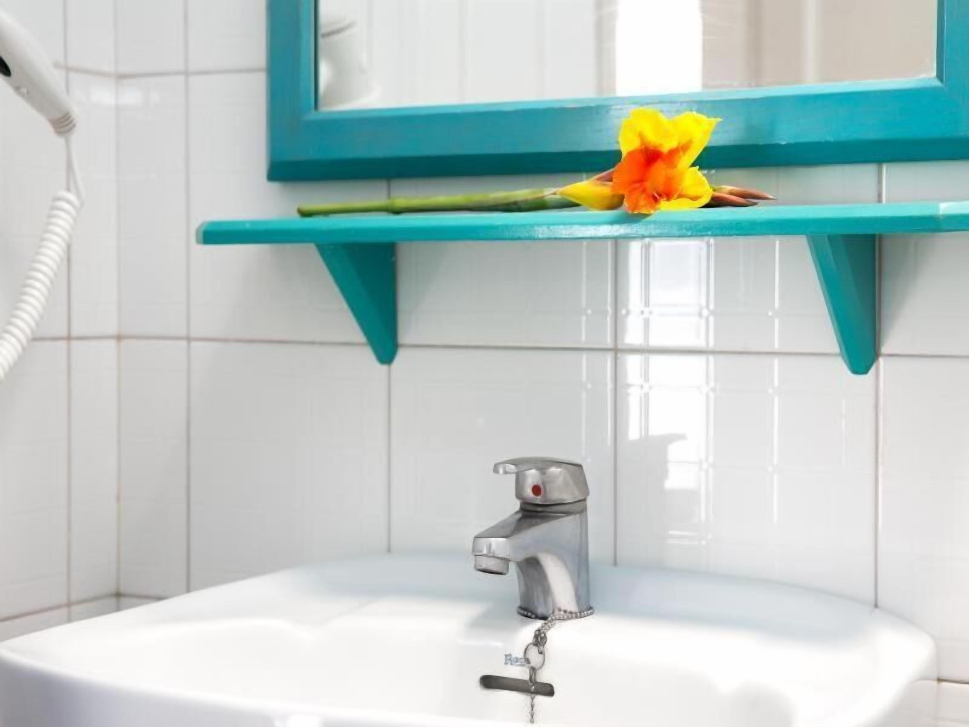 A bathroom with a white sink, a faucet, and a teal shelf with a flower.