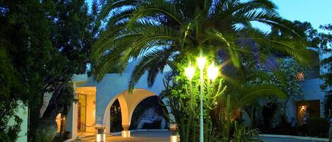 Un patio con una palmera, un farol y un arco que conduce a un edificio.