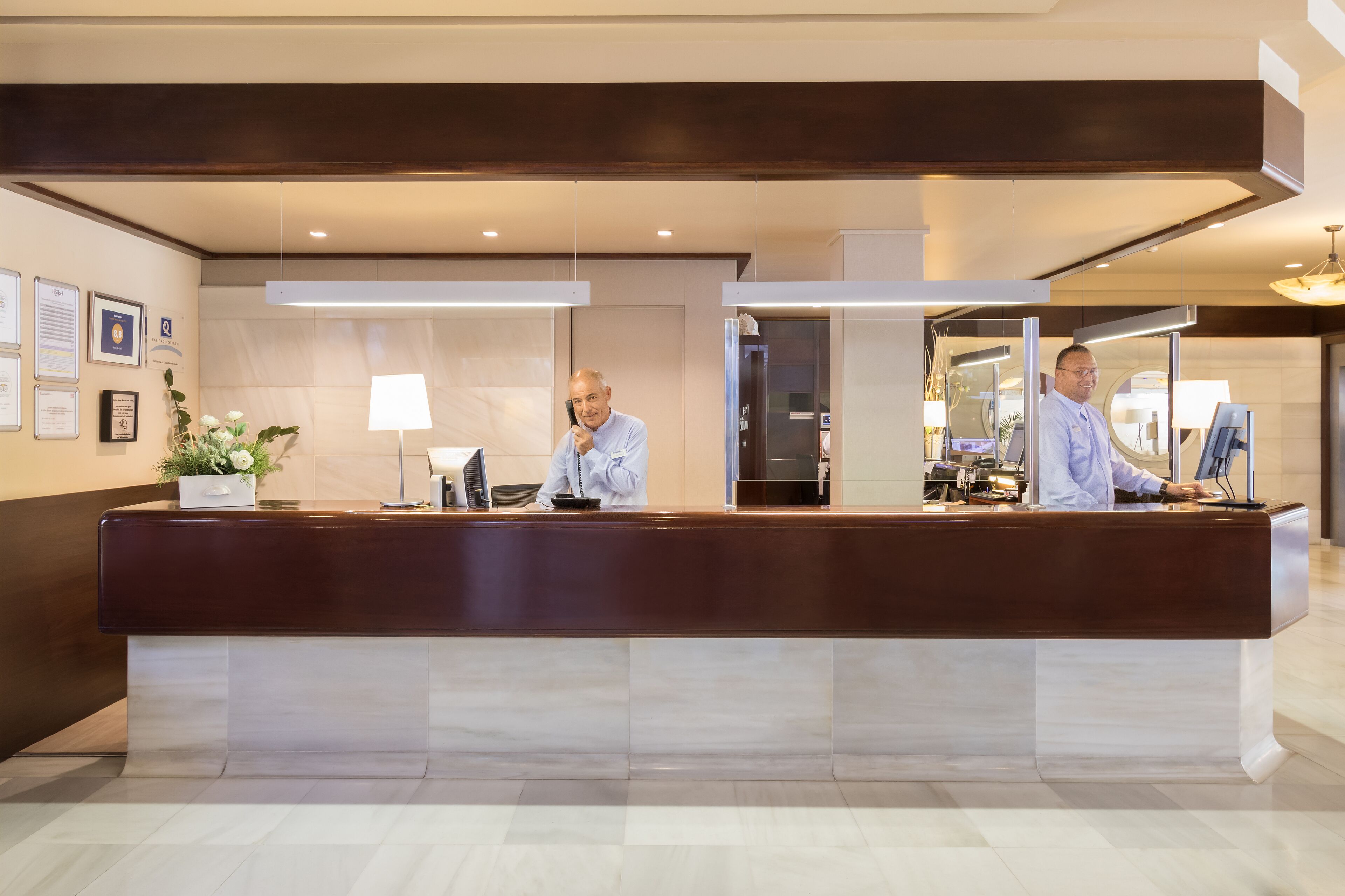 A reception desk with two staff members, a potted plant, and framed certificates on the wall.