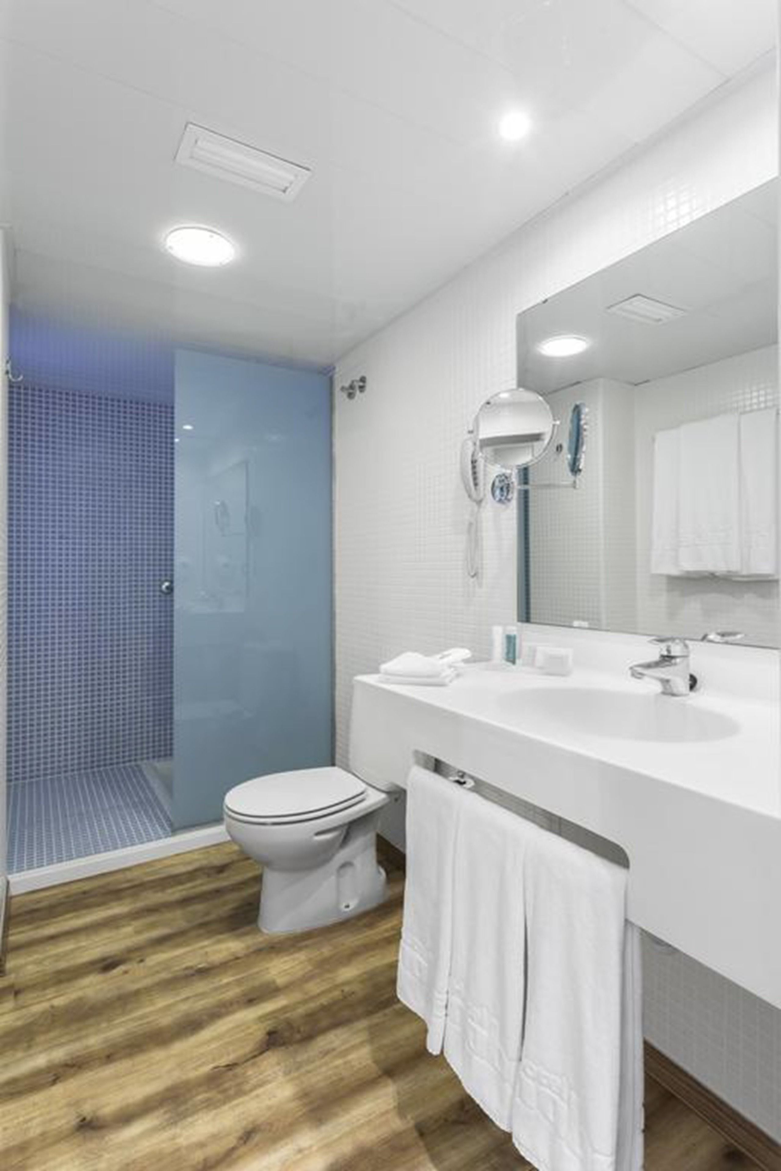 A modern bathroom with a glass shower enclosure, a white toilet, and a large mirror above the sink.