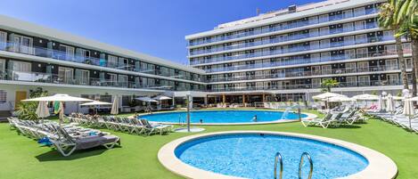 Indoor pool, outdoor pool, pool loungers