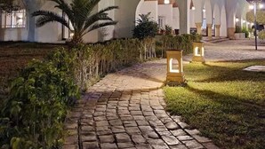 Un edificio con un sendero adoquinado que conduce a una entrada arqueada, rodeado de follaje y una zona bien iluminada.