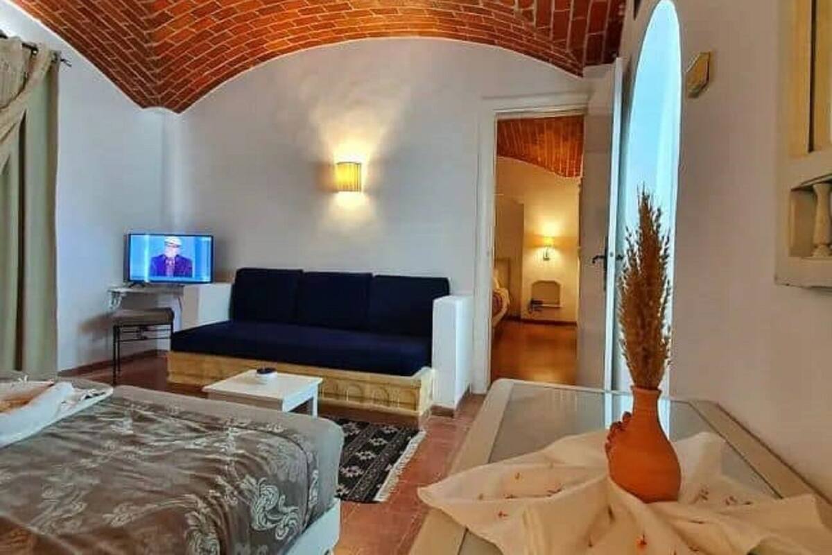 A hotel room with a brick ceiling, a bed, a sofa, a TV, and a large window.